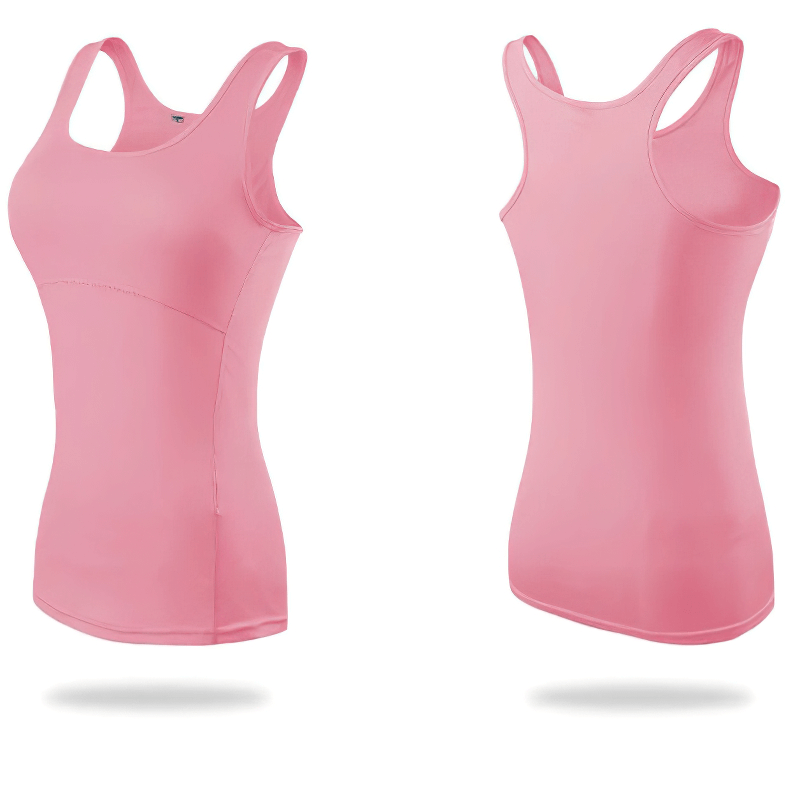 Pink female slim tank top with racerback, ideal for gym, yoga, and sports. Made from breathable, quick-dry polyester and spandex fabric.